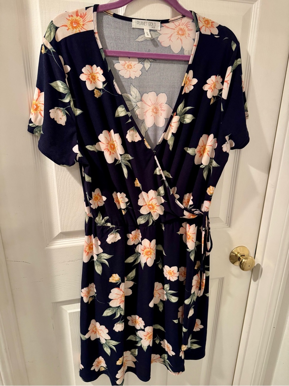 Planet Gold Navy Floral Wrap Dress with Peach Blooms